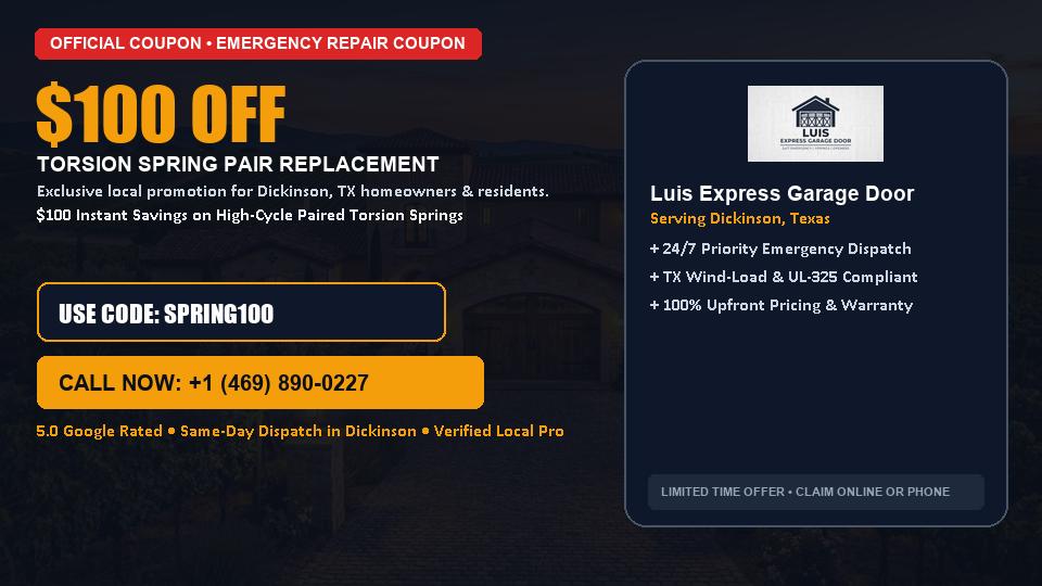 Luis Express Garage Door $100 OFF Dual Torsion Spring Replacement in Dickinson, TX